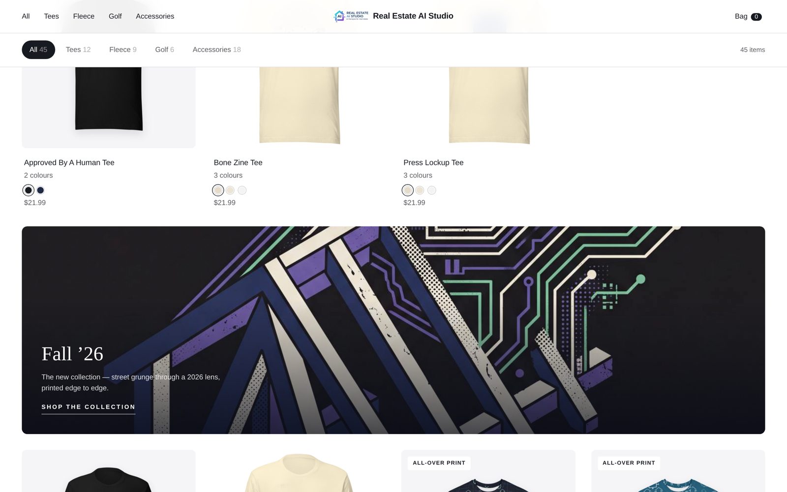 The Real Estate AI Studio merch storefront: grouped product cards with color swatches
