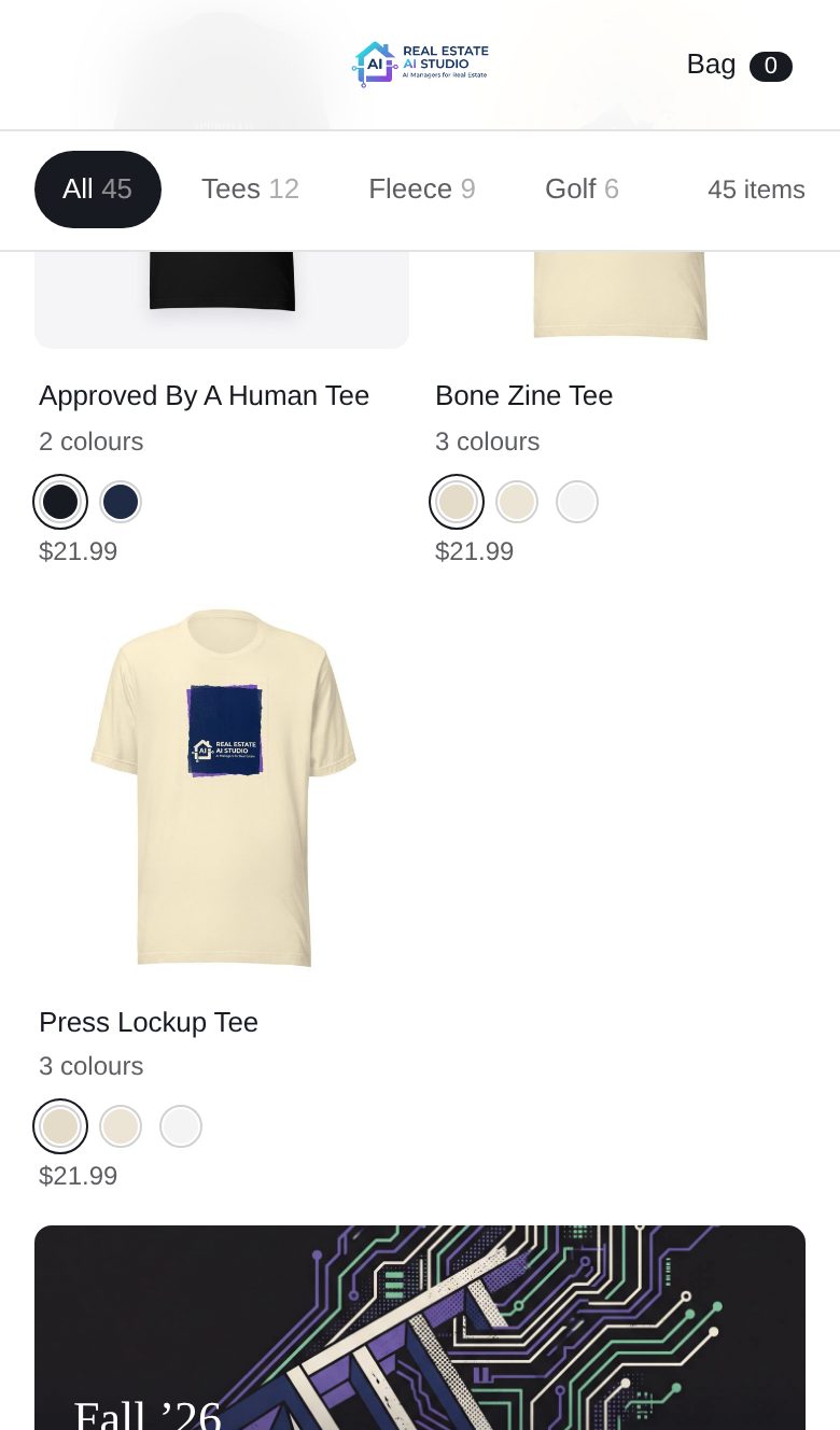 The merch store on a phone: full-bleed product tiles and a sticky buy bar
