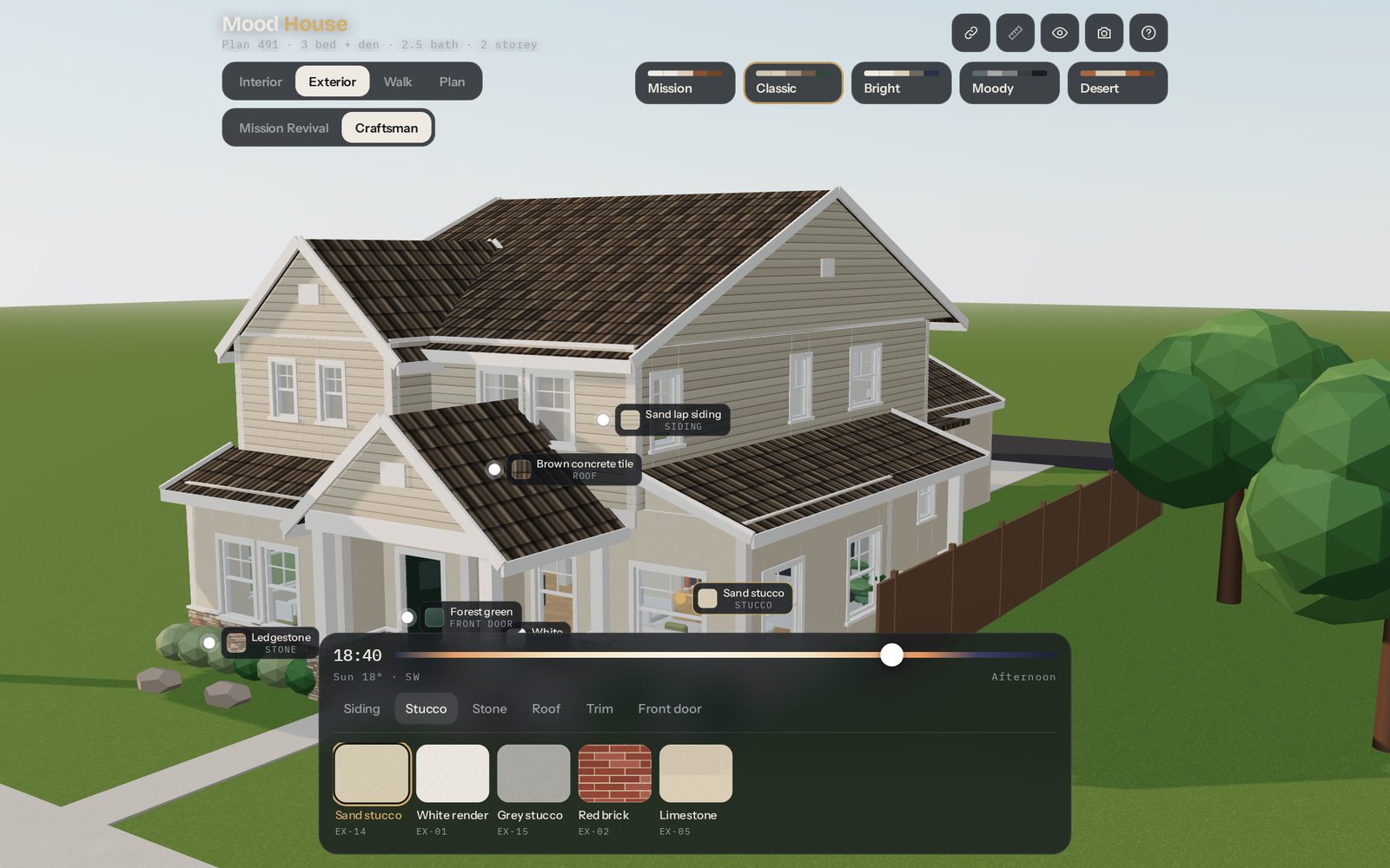 The Craftsman elevation in the Classic mood, with lap siding, ledgestone and a concrete tile roof