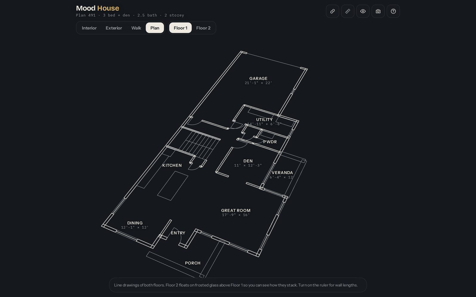 The Floor 1 plan as a line drawing with room names and dimensions