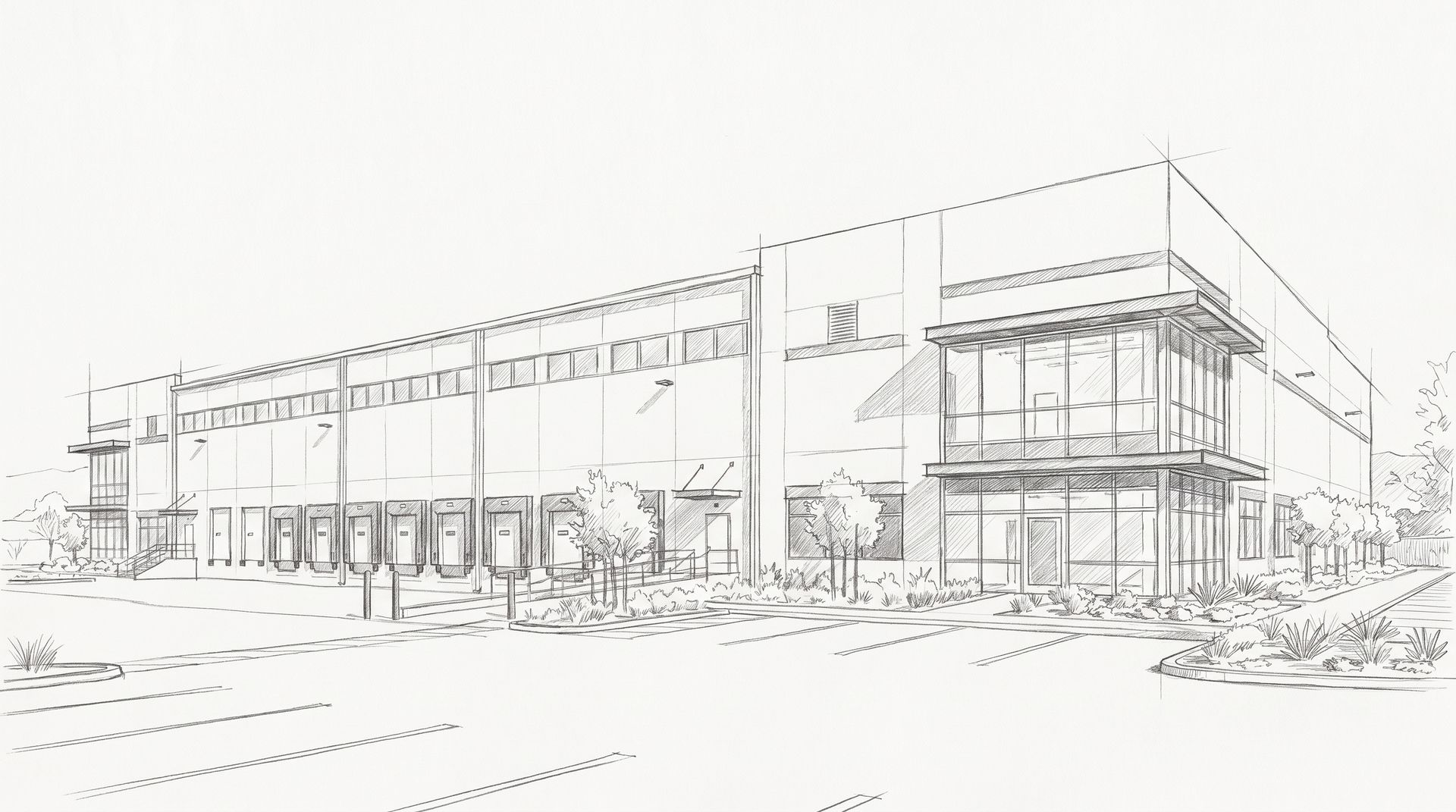Pencil elevation drawing of an industrial logistics building with dock doors and a glass office corner