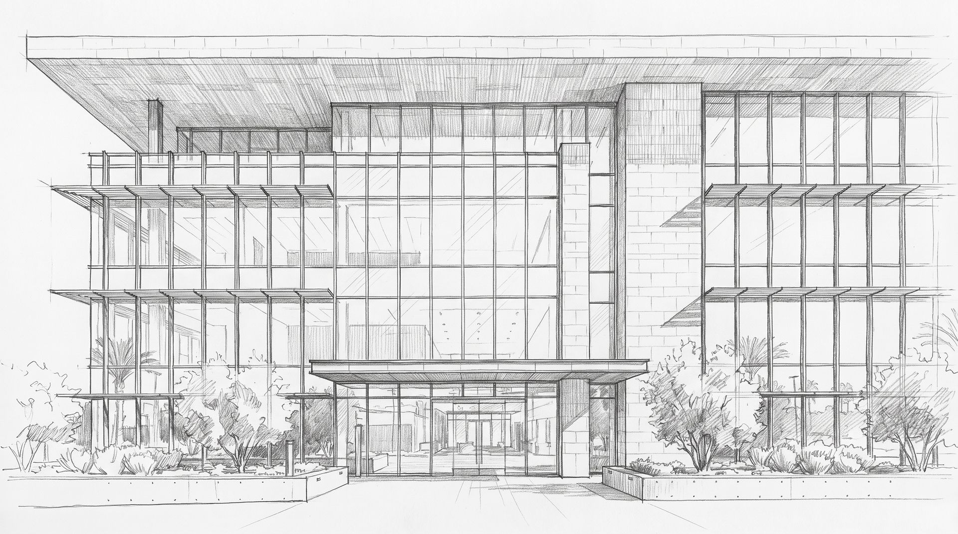 Pencil elevation drawing of a four story office building with a curtain wall and sunshades