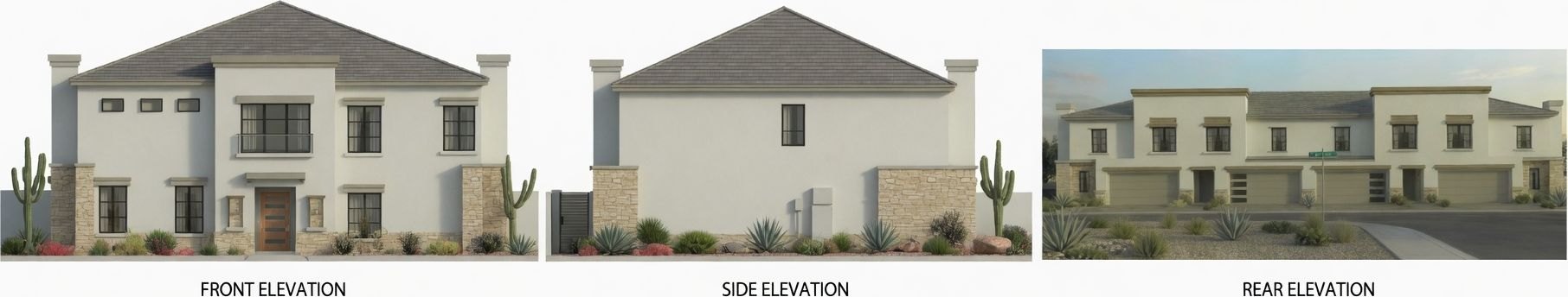 Photorealistic front, side, and rear elevation renders of the same building