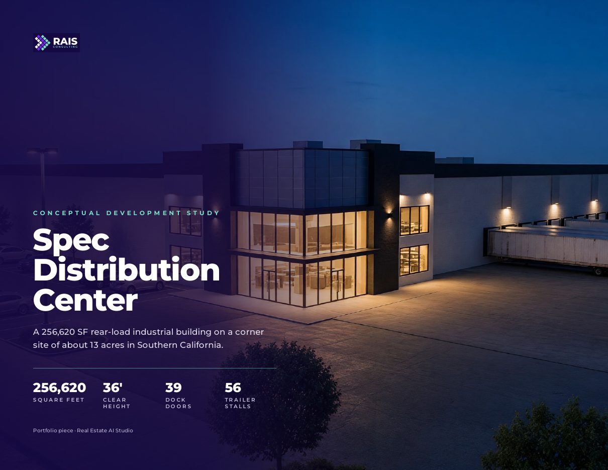 Cover of the sample render package, a dusk render of a two story office corner on an industrial distribution center