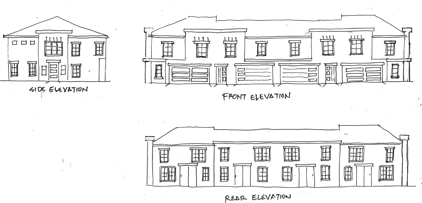 Hand-drawn front, side, and rear elevation sketches of a two-story multifamily building