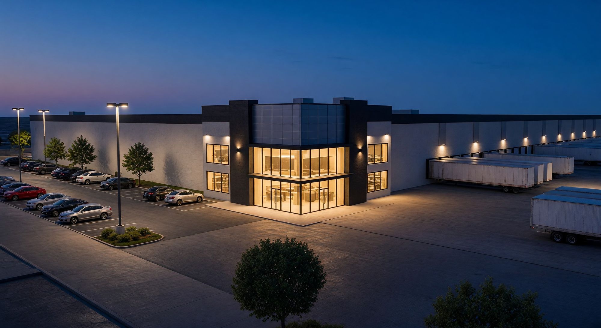 Photoreal render of a two story industrial office corner at dusk, lit from within, with the trailer court beside it