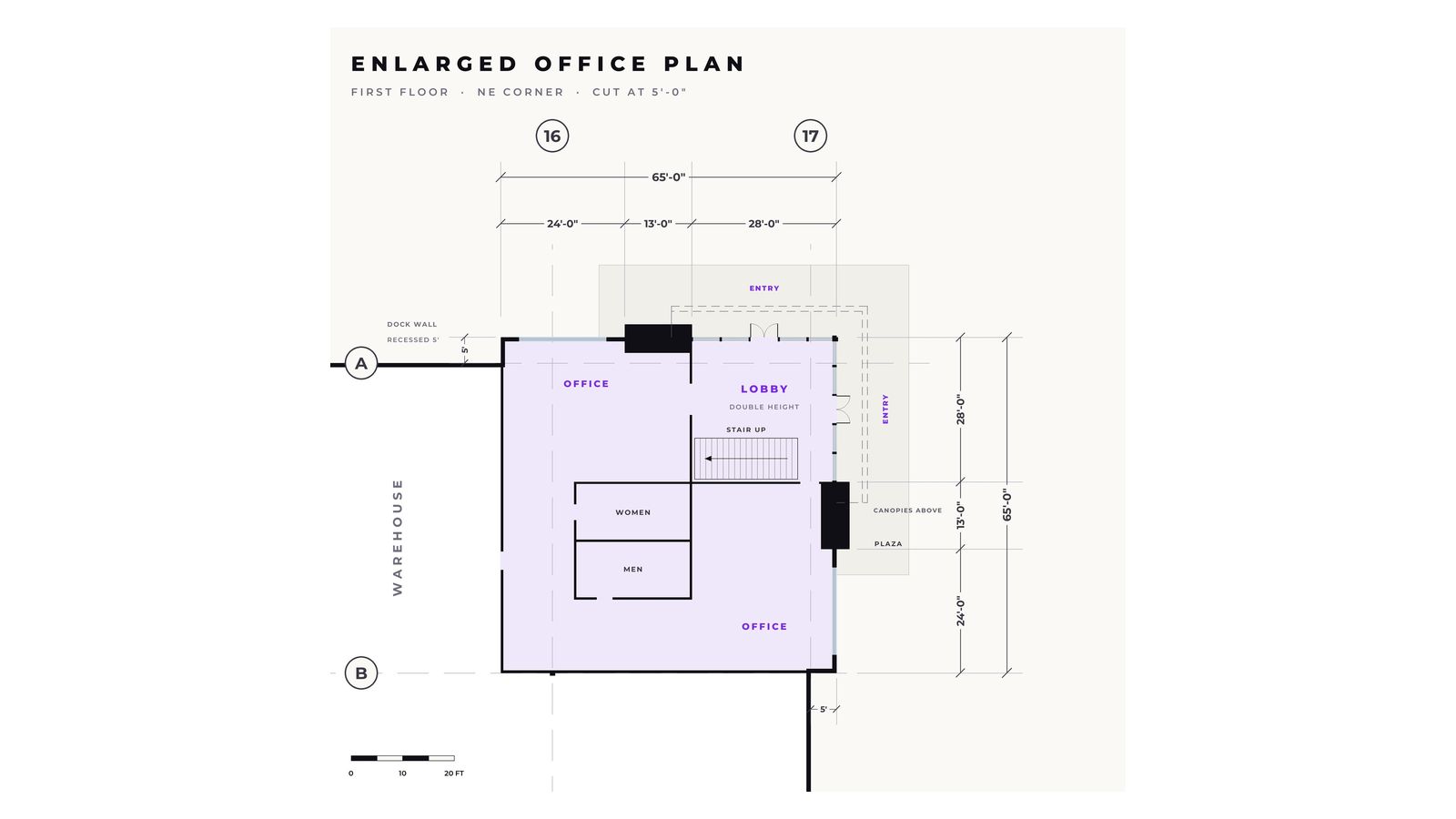 Enlarged floor plan of a two story corner office with a double height glass lobby