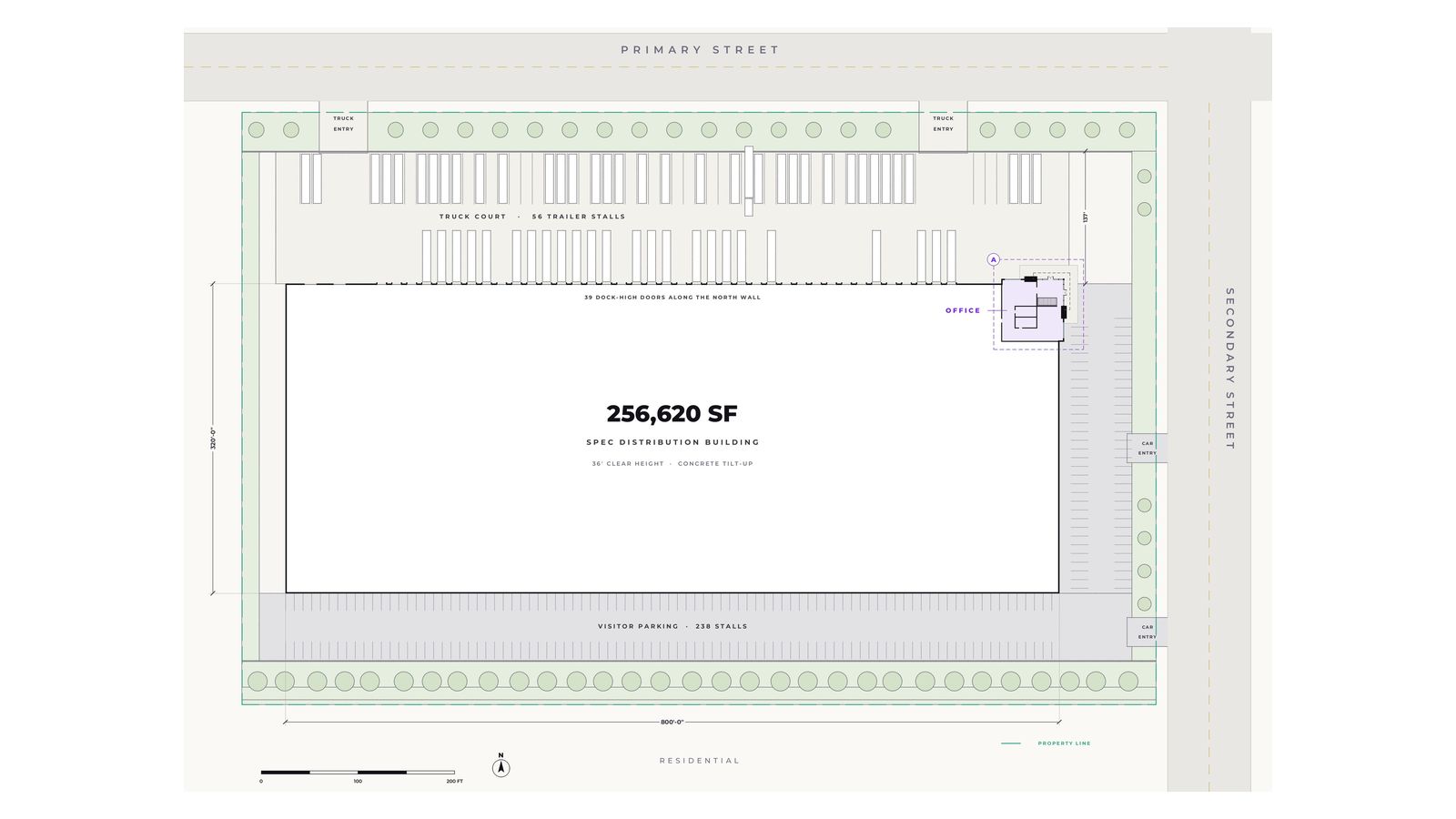 Site plan of a 256,620 square foot distribution building with the truck court, trailer stalls and visitor parking