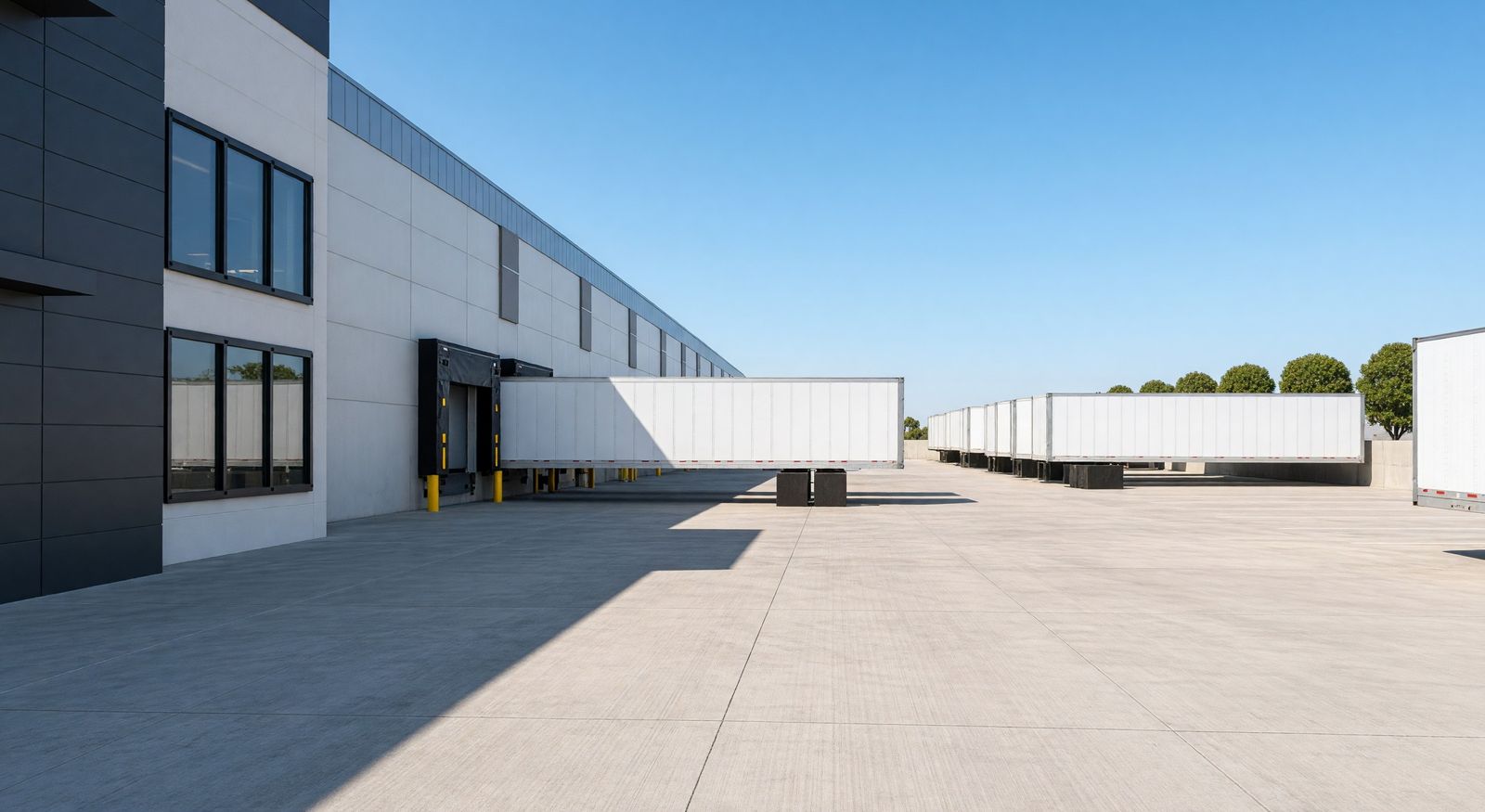 Photoreal render of a truck court along a dock wall with trailers backed up to dock-high doors