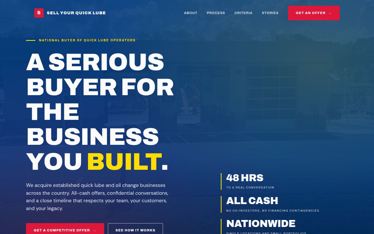 Sell Your Quick Lube website, home page